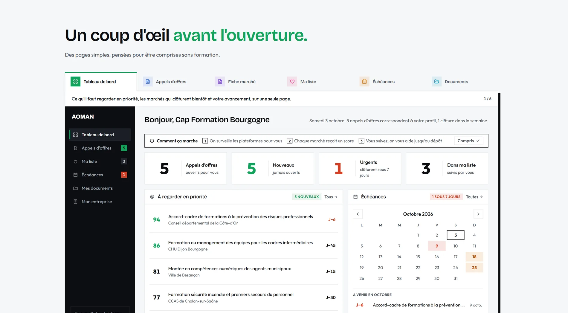aoman.fr : un aperçu du tableau de bord de la plateforme